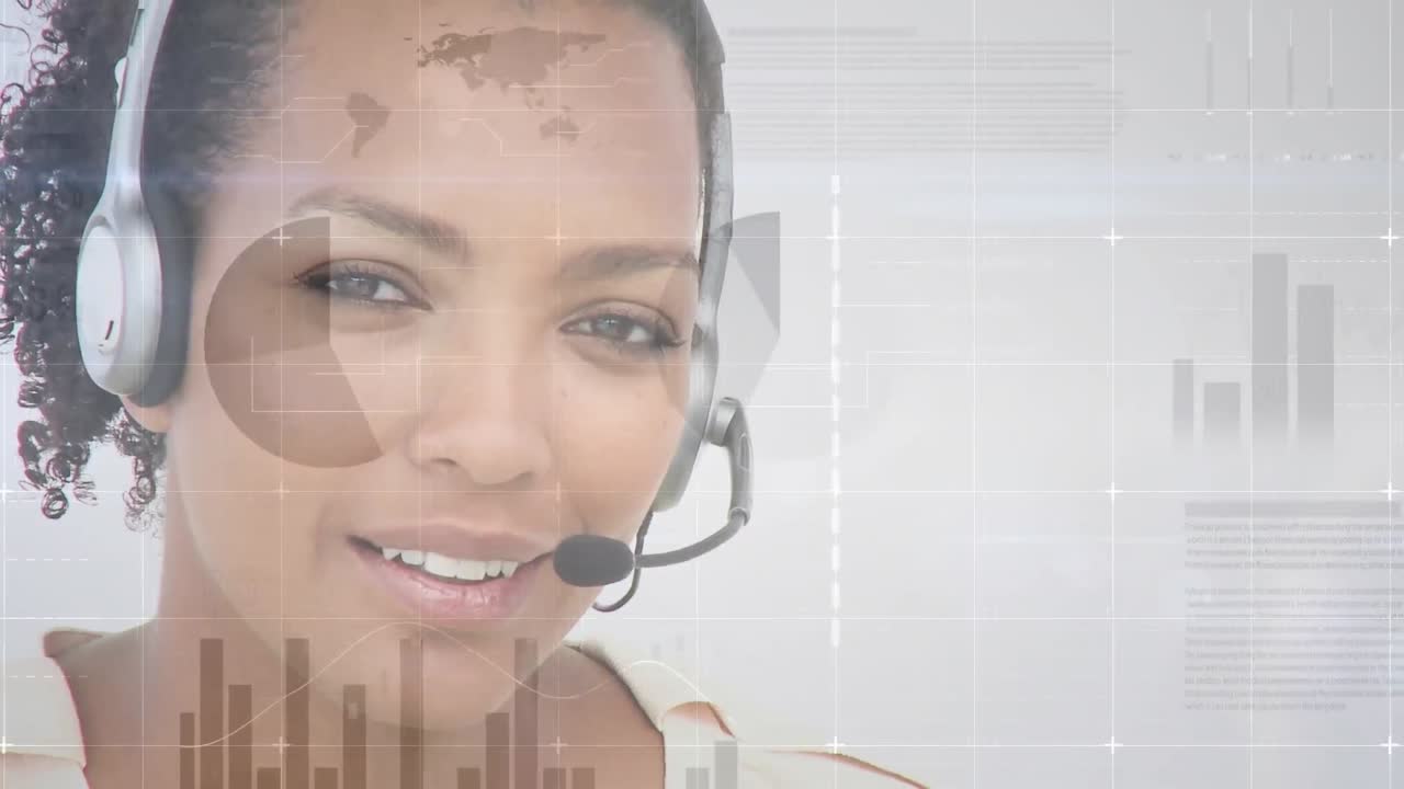 Animação de processamento de dados financeiros e estatísticos sobre empresária usando fone de ouvido
