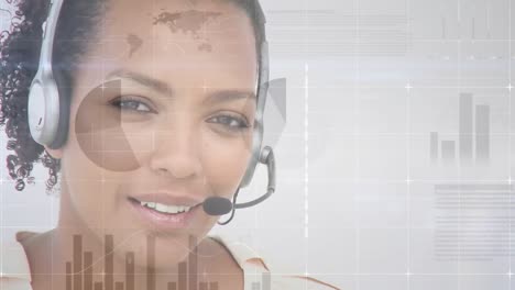 Animation-of-financial-and-statistic-data-processing-over-businesswoman-wearing-phone-headset