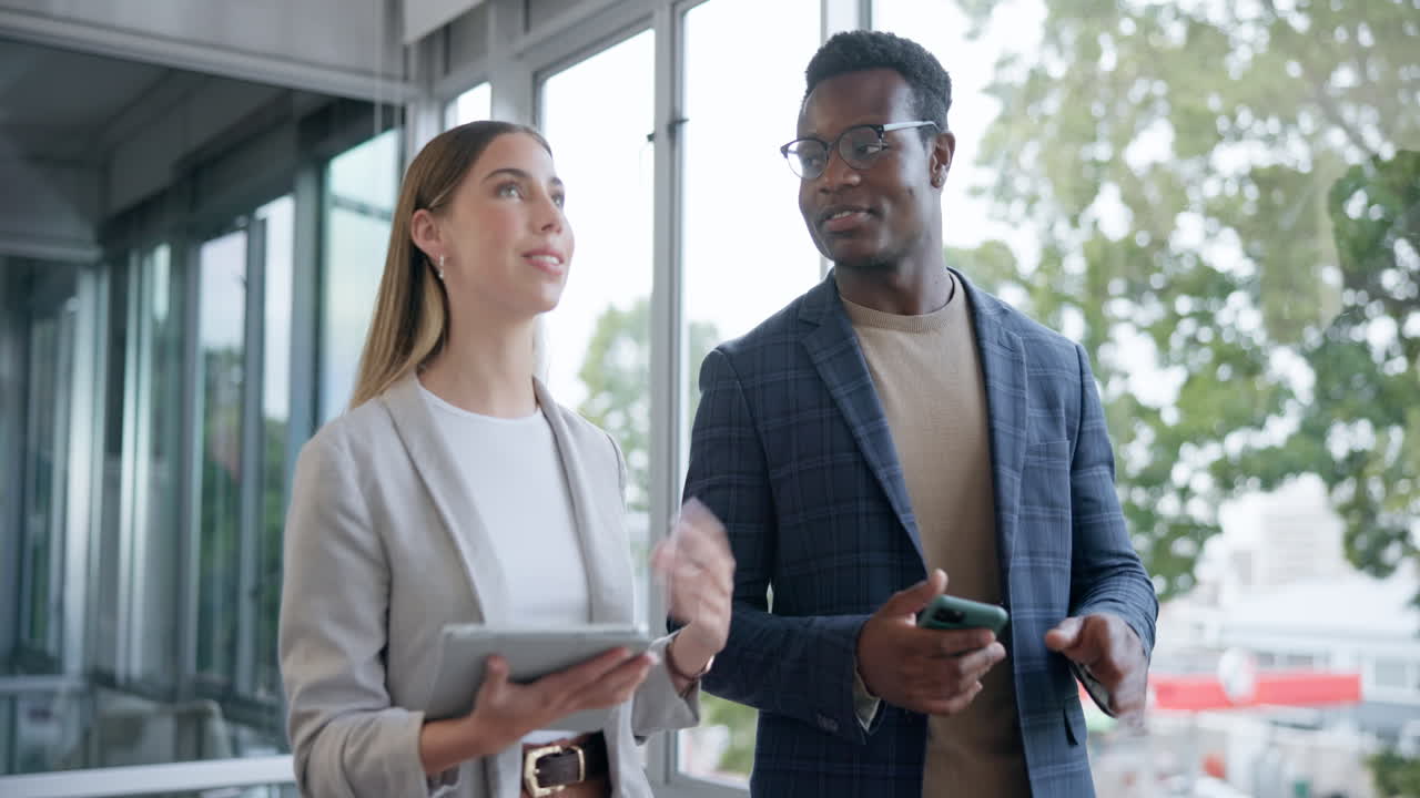 Business people, walking and talking