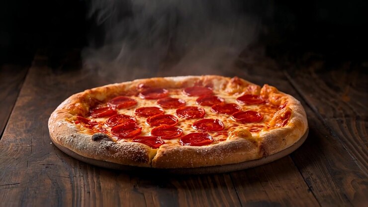 Pizza al salame piccante appena sfornata e fumante, appoggiata su un tagliere di legno su un tavolo scuro, che emette vapore.
