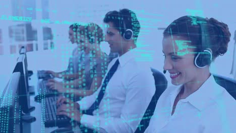 Animation-of-data-processing-over-diverse-business-people-using-phone-headsets