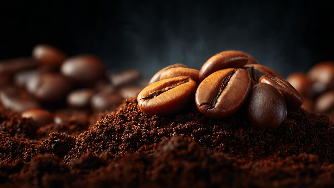 En udsøgt fremvisning af kaffebønner og malet kaffe i et kunstnerisk arrangement, der fremhæver de rige teksturer og jordfarver i denne elskede drik, perfekt til både entusiaster og baristaer