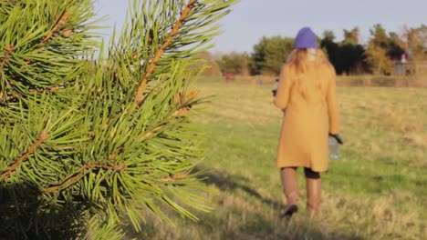 Back-rear-view-of-woman-wearing-winter-clothes-rudely-throw-away-plastic-water-bottles-and-bag-waste-on-outdoor-green-grass-park,-static,-day