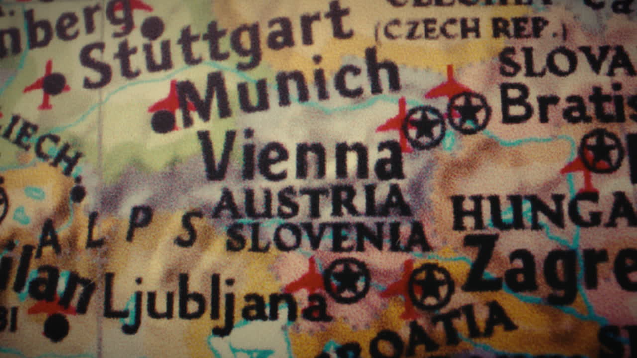 Close-up of a map of Central Europe with cities and countries