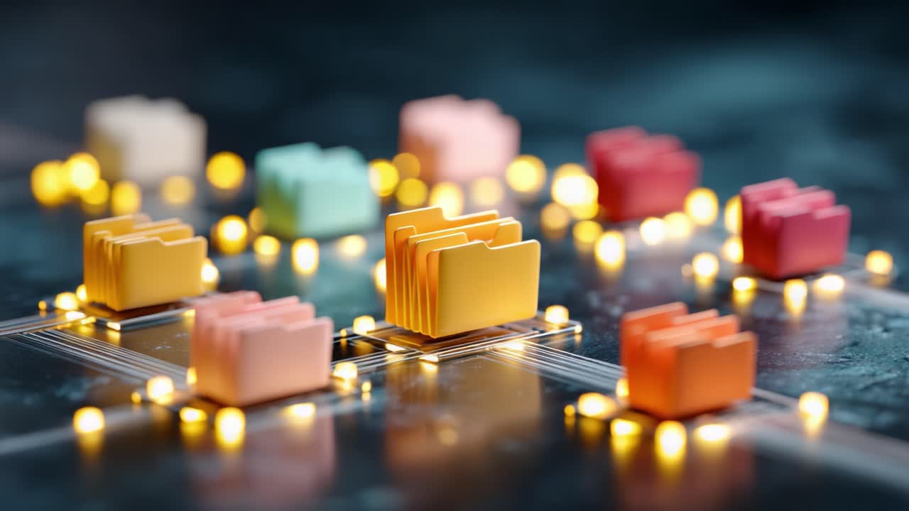 Dynamic Organization of Colorful Data Folders with Illuminated Nodes in a Modern Digital Interface, Showcasing a Network of Information Management
