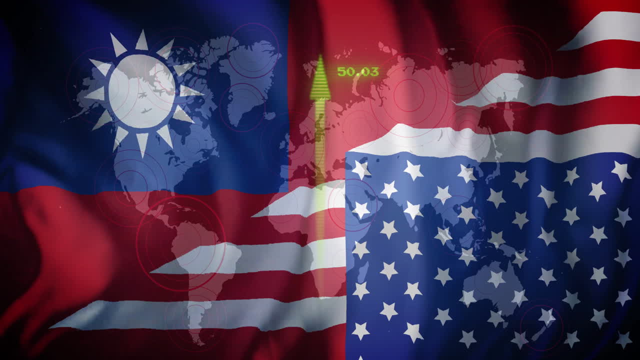 세계 지도와 데이터 프로세싱 애니메이션으로 타이완과 미국 발