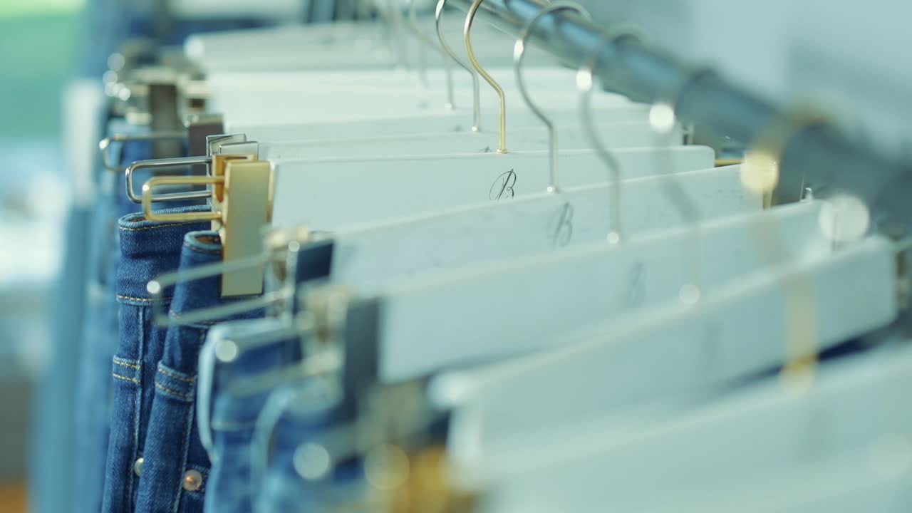 카메라는 옷걸이에 걸린 청바지를 뒤에서 앞으로 초점을 맞춰 촬영합니다.