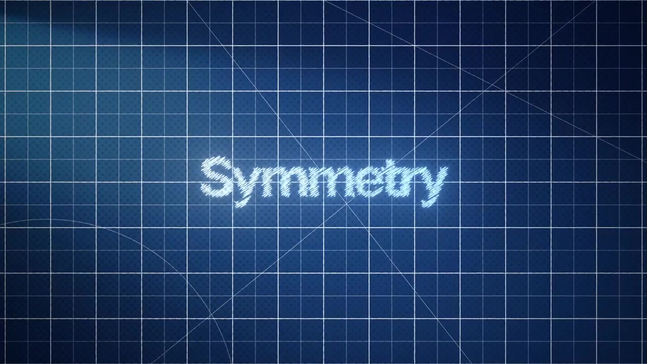 Parola "Simmetria" luminosa e animata su sfondo a griglia blu