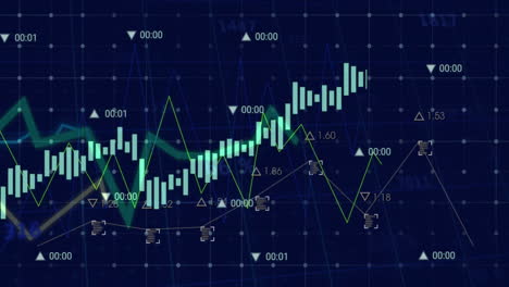 financial data and stock market analysis animation over fluctuating graph lines