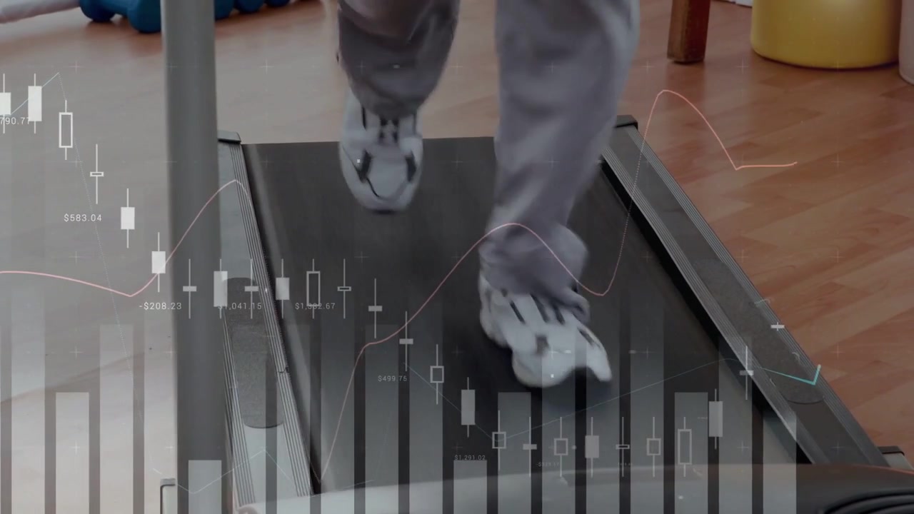 Vertical video: Jogging waist-down grey sweats white shoes on treadmill as belt starting with chart