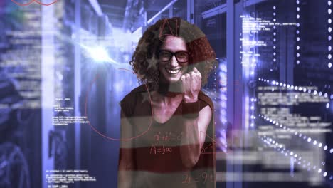 Mathematical-equations-over-portrait-of-woman-in-computer-server.