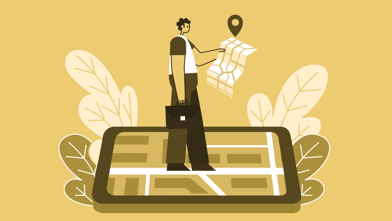 желтый стиль человека плоский персонаж ходит на смартфоне с gps картой. изолированная цикла анимации с альфа-каналом