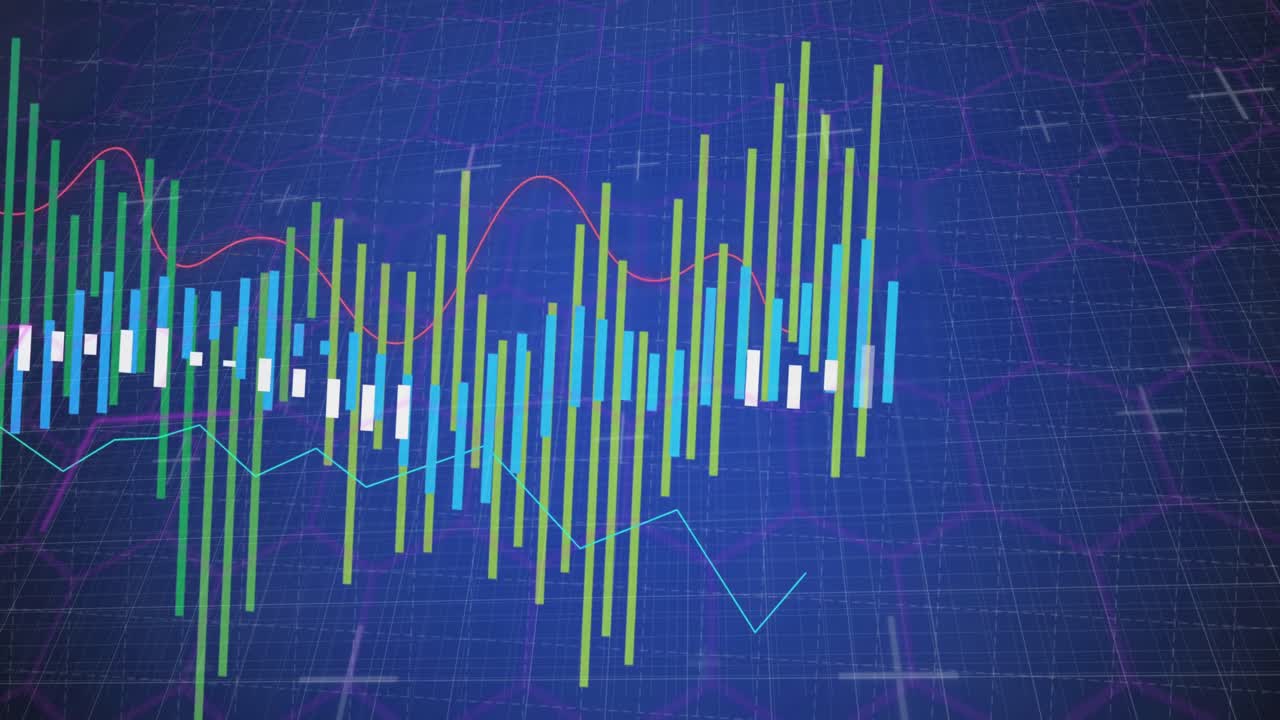 Candlestick chart bars dancing on flat design grid, showing overlaid red and turquoise line data