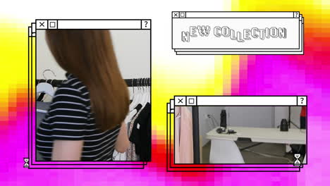 animación del texto de la nueva colección en una ventana apilada, con una mujer mirando la ropa en la tienda