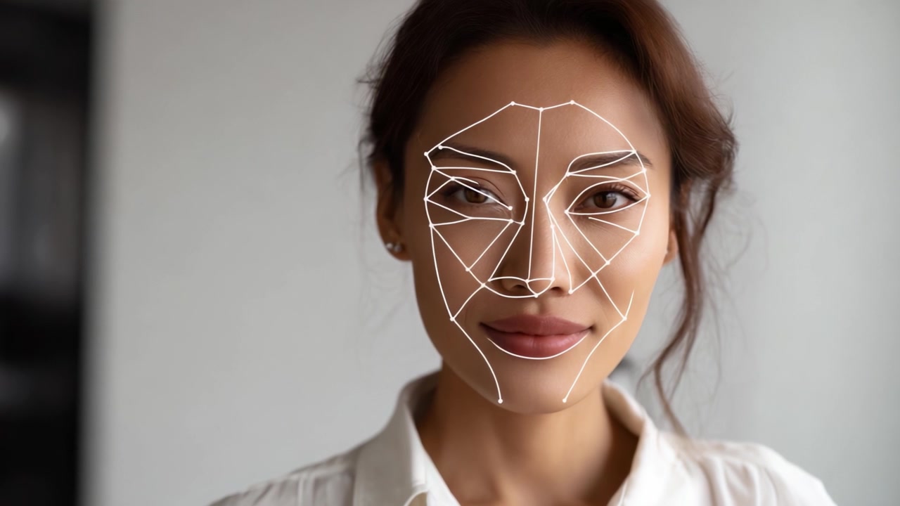 Demostración de tecnología de mapeo facial: Un primer plano de una mujer joven con funciones de seguimiento ocular y facial de precisión para un reconocimiento digital mejorado