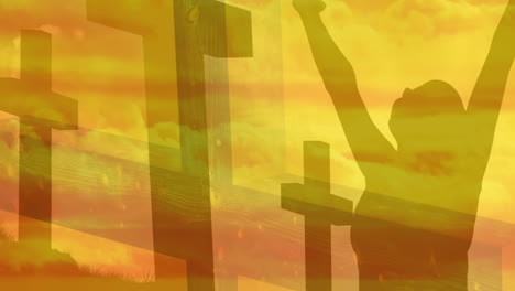 raising arms over cross symbols, person in animation against vibrant sunset sky