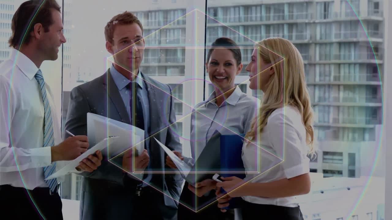 animación de cubos moviéndose sobre diversos hombres de negocios en la oficina.