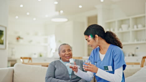 senior care, old woman and caregiver on sofa