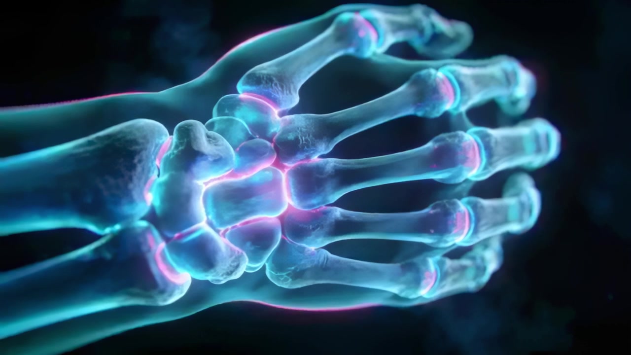 Rotating hand skeleton after camera closeup revealing wrist and finger bones with magenta glow