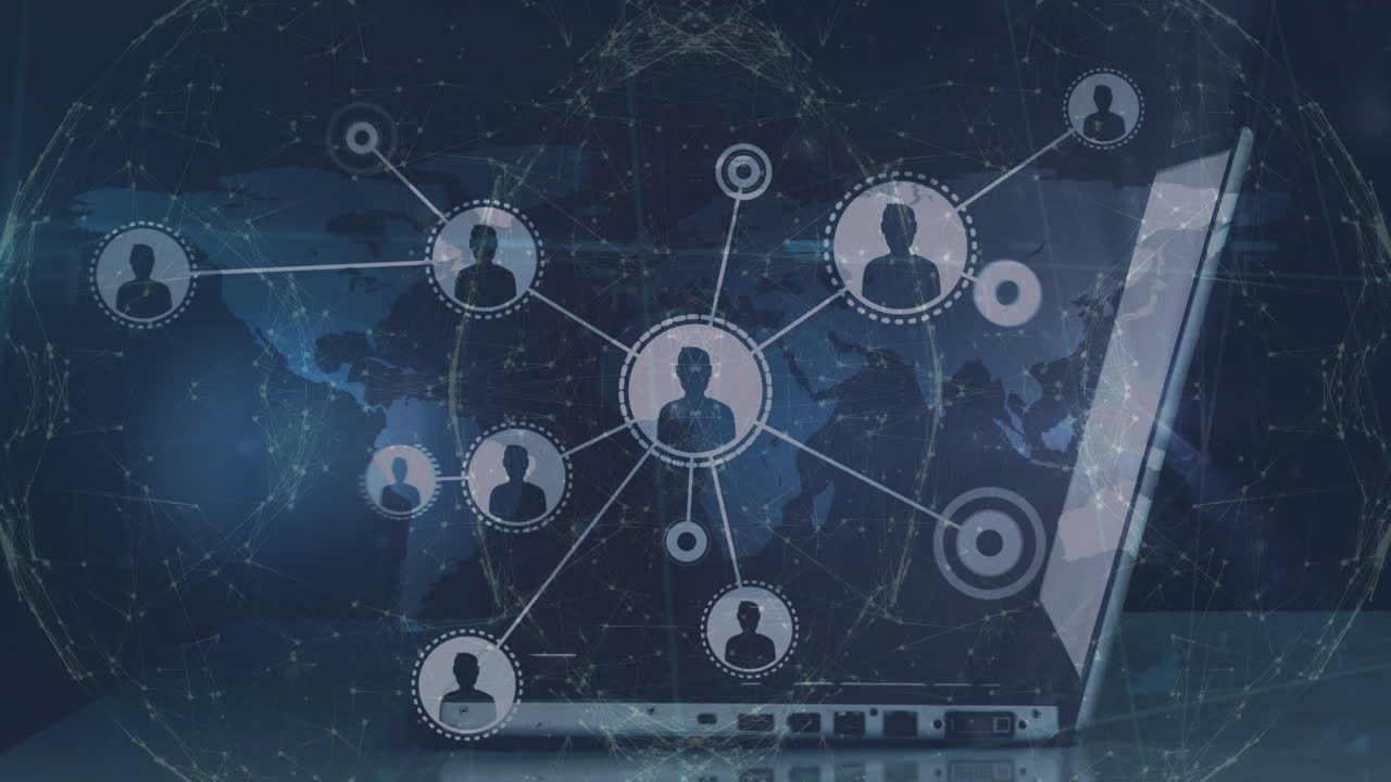 Animation of network of profile icons over globe against mid section of businessman using laptop