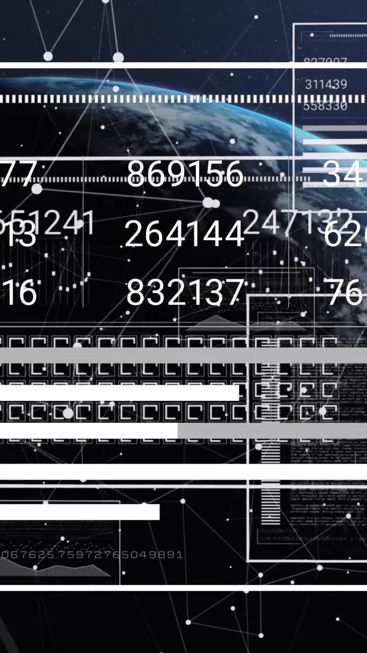 Animation of changing numbers, graph, loading squares over connected dots against globe