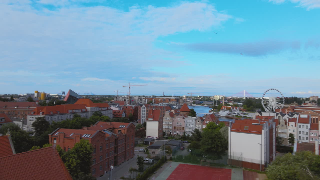 Aerial pan shot showing beautiful old skyline of Gdansk in Poland