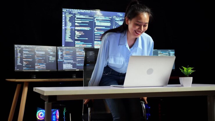 Asian Female Programmer Walking Into The Working Space To Write Code By A Laptop Using Multiple Monitors Showing Database On Terminal Window Desktops In The Office
