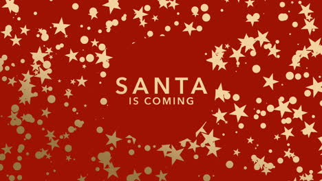 santa is coming with flying gold stars and snowflakes on red gradient