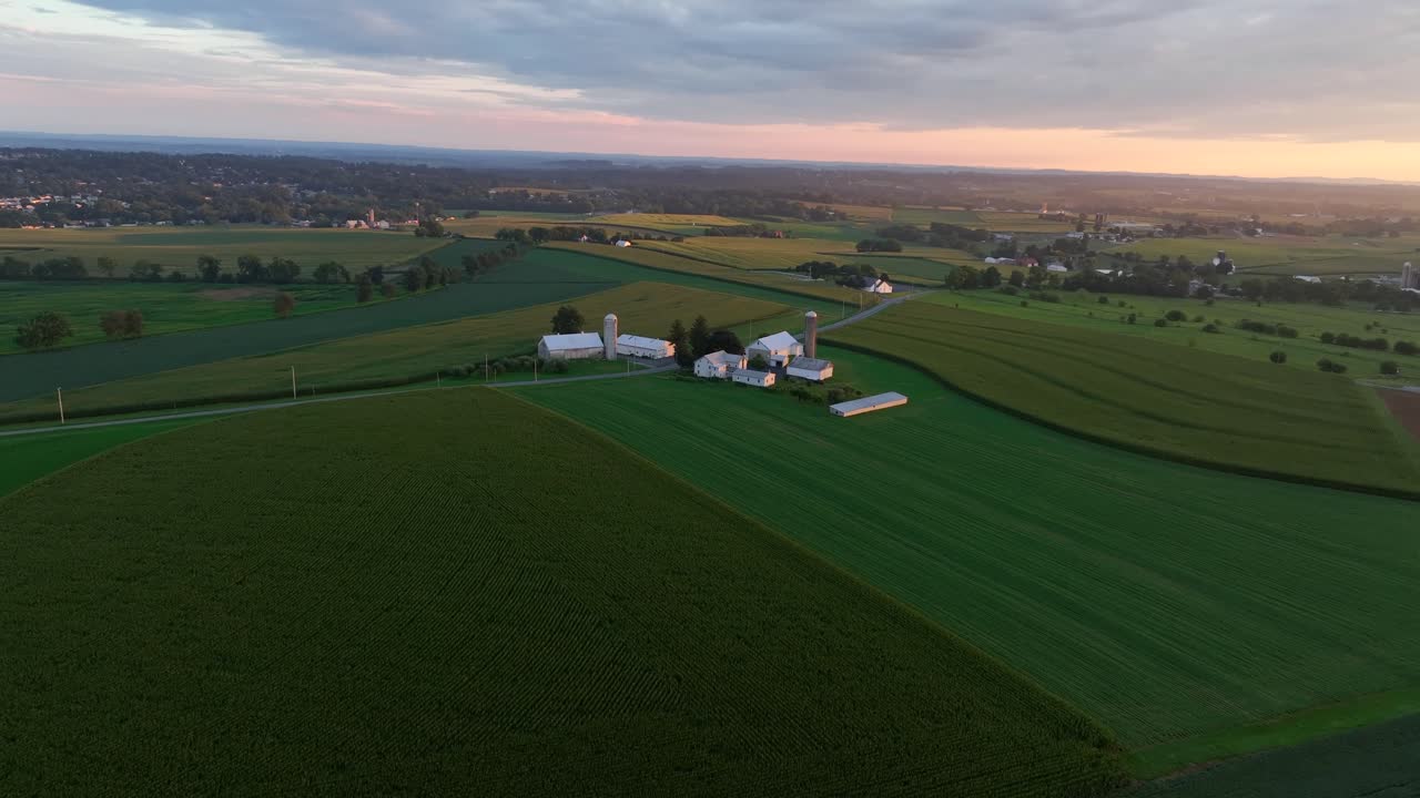 Aerial approaching flight over American farm house farmhouse with rusty silo storages and leading road in rural district of American town. Sunset time on summer. Wide shot