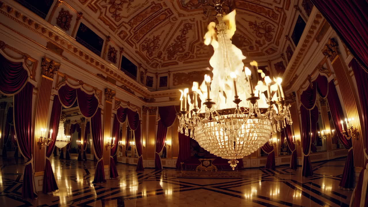 Burning Chandelier in a Royal Palace Hall