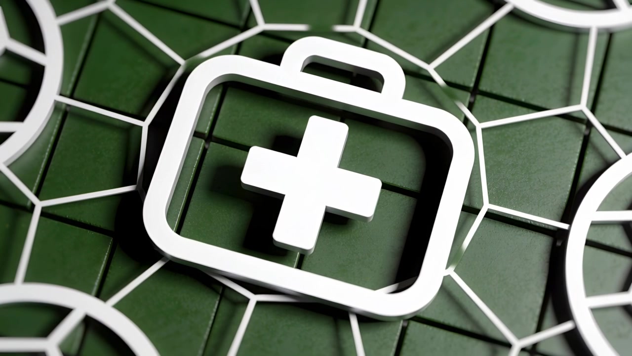 Moving camera bringing white 3D medical kit closer on green hexagonal tiles, revealing white cross