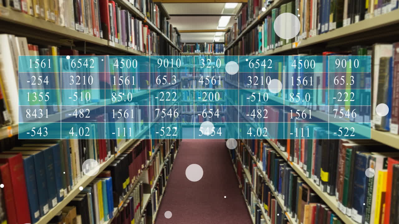 Animation of spots and data processing over books on shelves in library