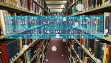 animation of spots and data processing over books on shelves in library