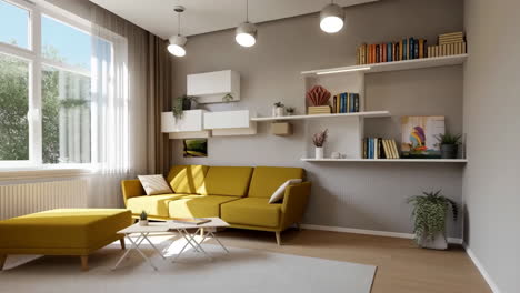 bright modern living room with yellow sofa and bookshelves
