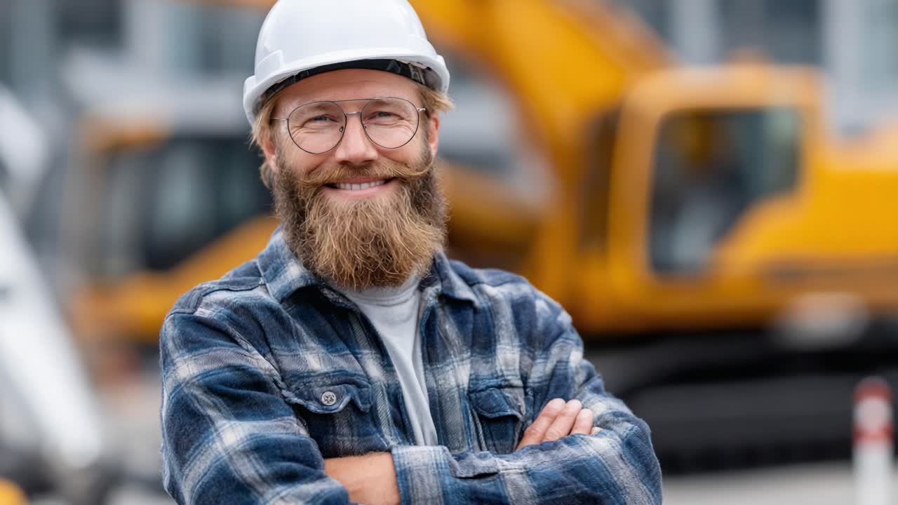 Confident construction worker wearing a hard hat and stylish plaid shirt, showcasing expertise and professionalism in an industrial environment with heavy machinery