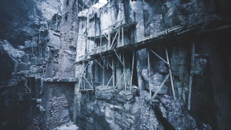 ruins of ancient stone structures in a rugged mountain landscape at twilight
