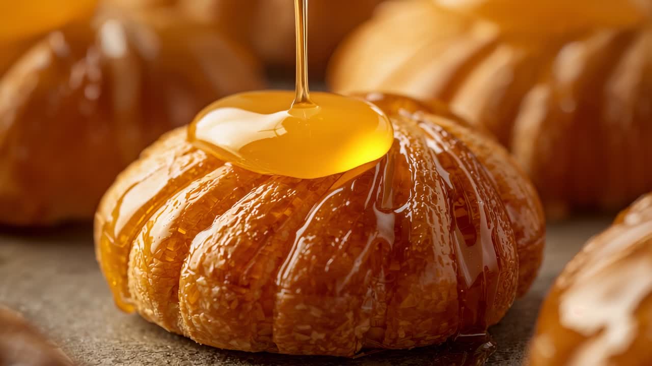 Pouring thin syrup stream forming glossy dome on round fluted pastry for styling on stone slab