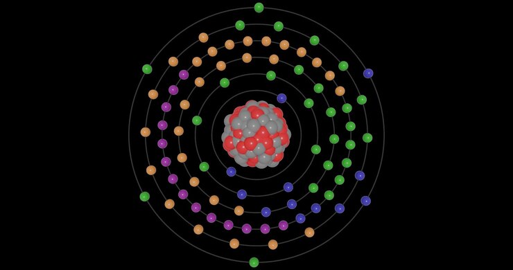 3D animation of a Polonium (Z=84) atom on a transparent background showing shells, subshells, electron orbits, and nucleus with protons and neutrons, illustrating atomic structure and energy levels.
