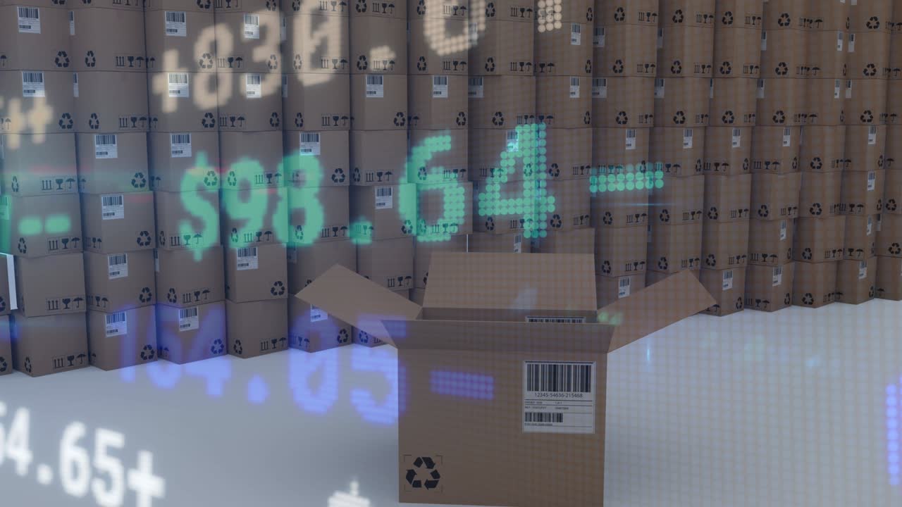 쌓인 카드보드 상자 위에서 금융 데이터 처리의 애니메이션