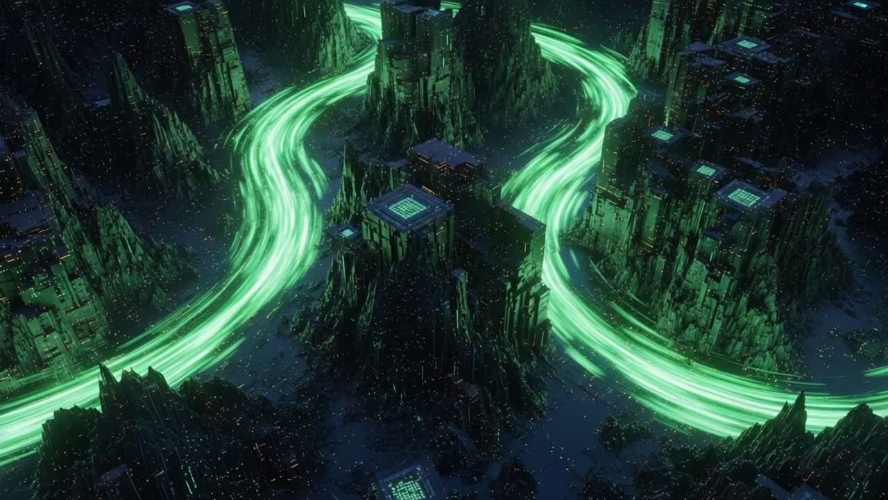 A Stunning Journey Through an Otherworldly Landscape of Iridescent Green Streams Flowing Between Towering Dark Mountains