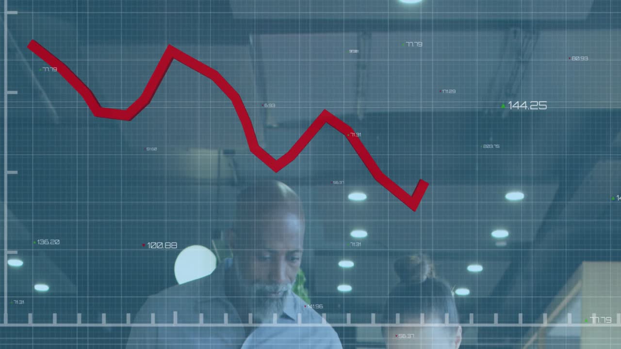 Animation of statistical data processing against diverse man and woman discussing at office