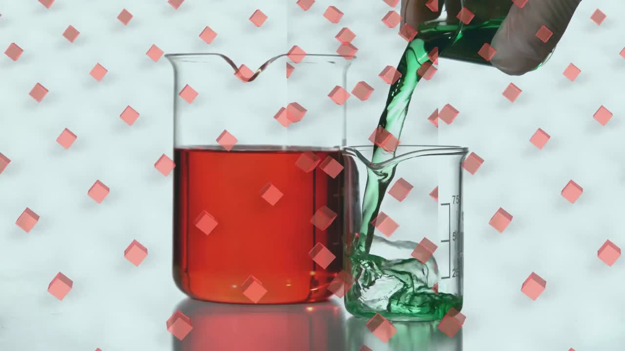 animación de filas de cubos rosados sobre un científico vertiendo líquido en un vaso de laboratorio
