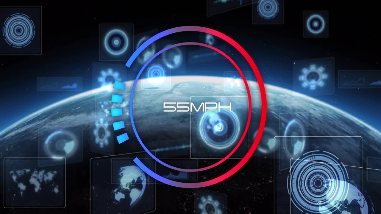 Futuristic speedometer animation displaying 120 MPH over Earth with digital graphics