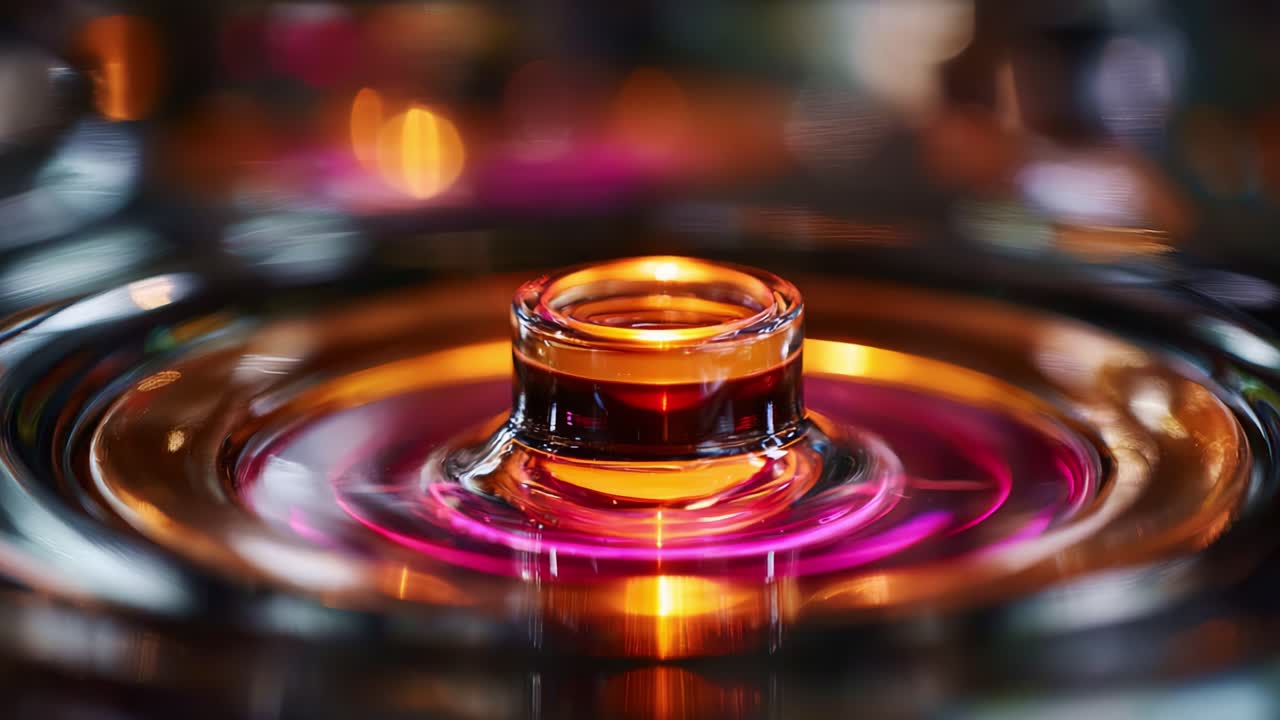 Mesmerizing Circular Ripples and Reflections: A Fluid Dynamics Exploration of Colorful Liquids and Vibrant Light Interplay in a Captivating Setting