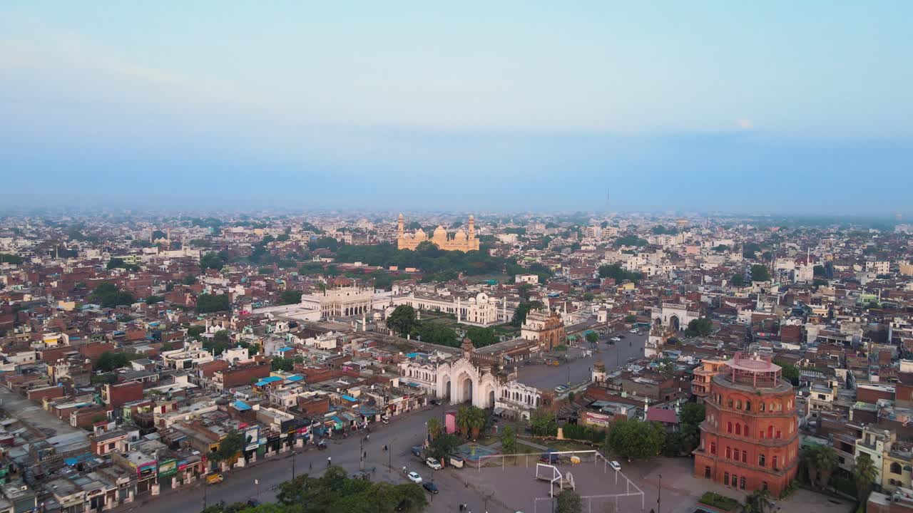 Aerial drone shot of Lucknow city, featuring Jama Masjid and Chota Imambada with a vibrant cityscape.