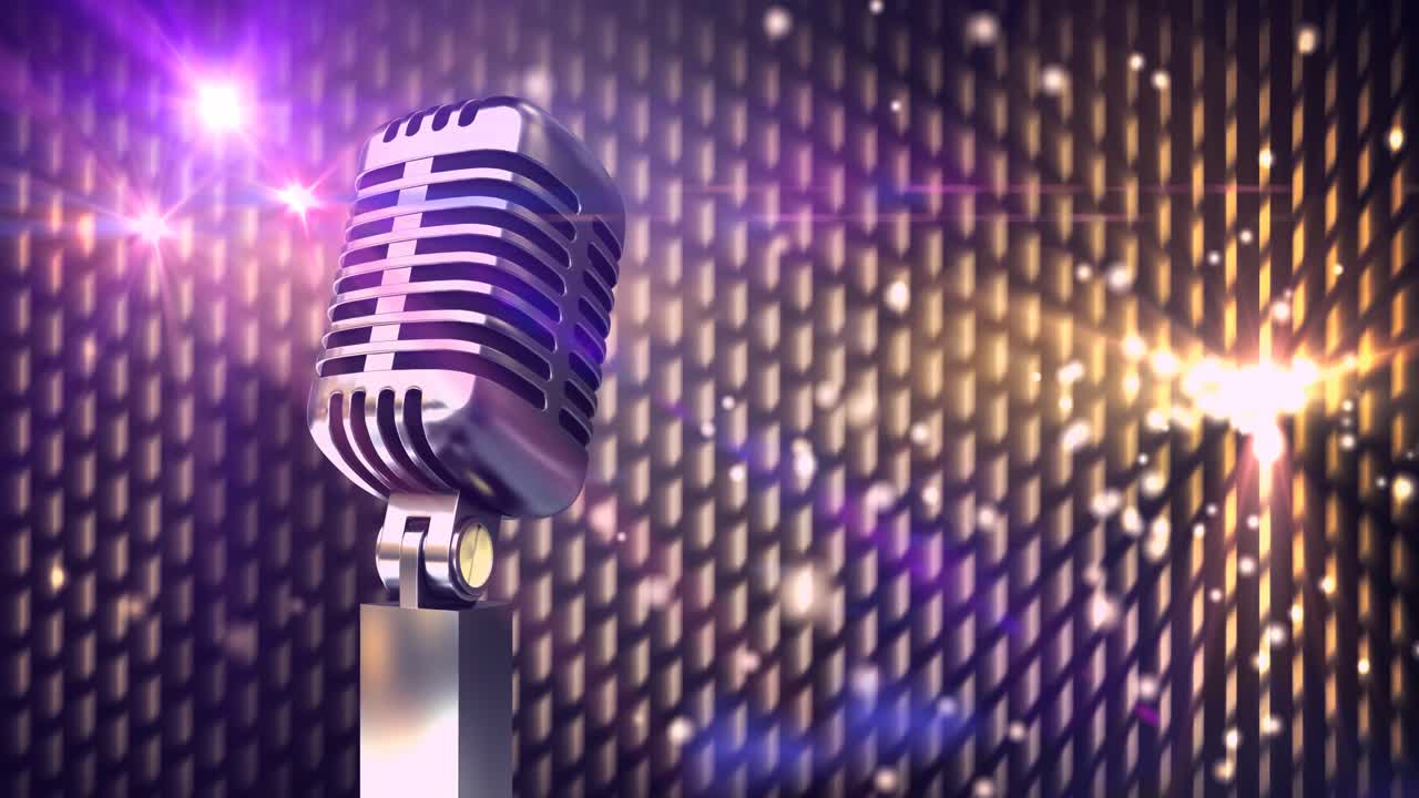 composición del micrófono retro sobre puntos brillantes de luz