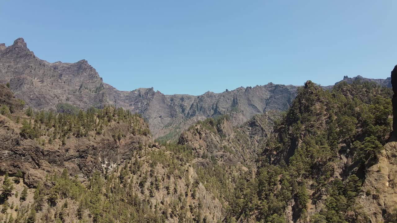 Aerial drone panoramic of Caldera Taburiente National Park on the volcanic island of La Palma, Canary Islands