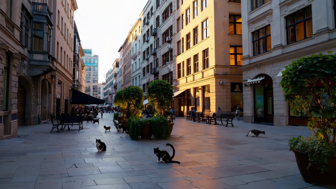 Katzen in einer europäischen Stadtstraße bei Sonnenuntergang