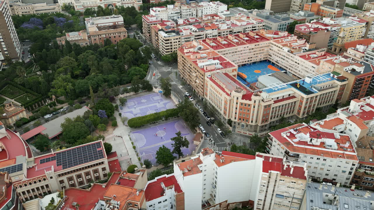 Aerial drone view of stadiums near buildings in Valencia, Spain
