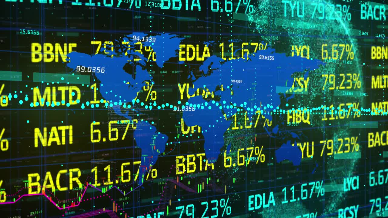 Animation of numbers changing and data processing with globe and world map